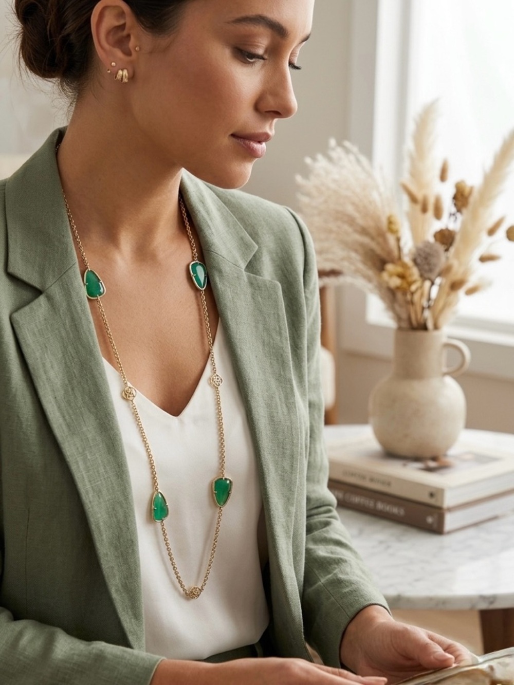 Kendra Scott Kelsie Long Station Necklace Emerald Green Cat's Eye Gold